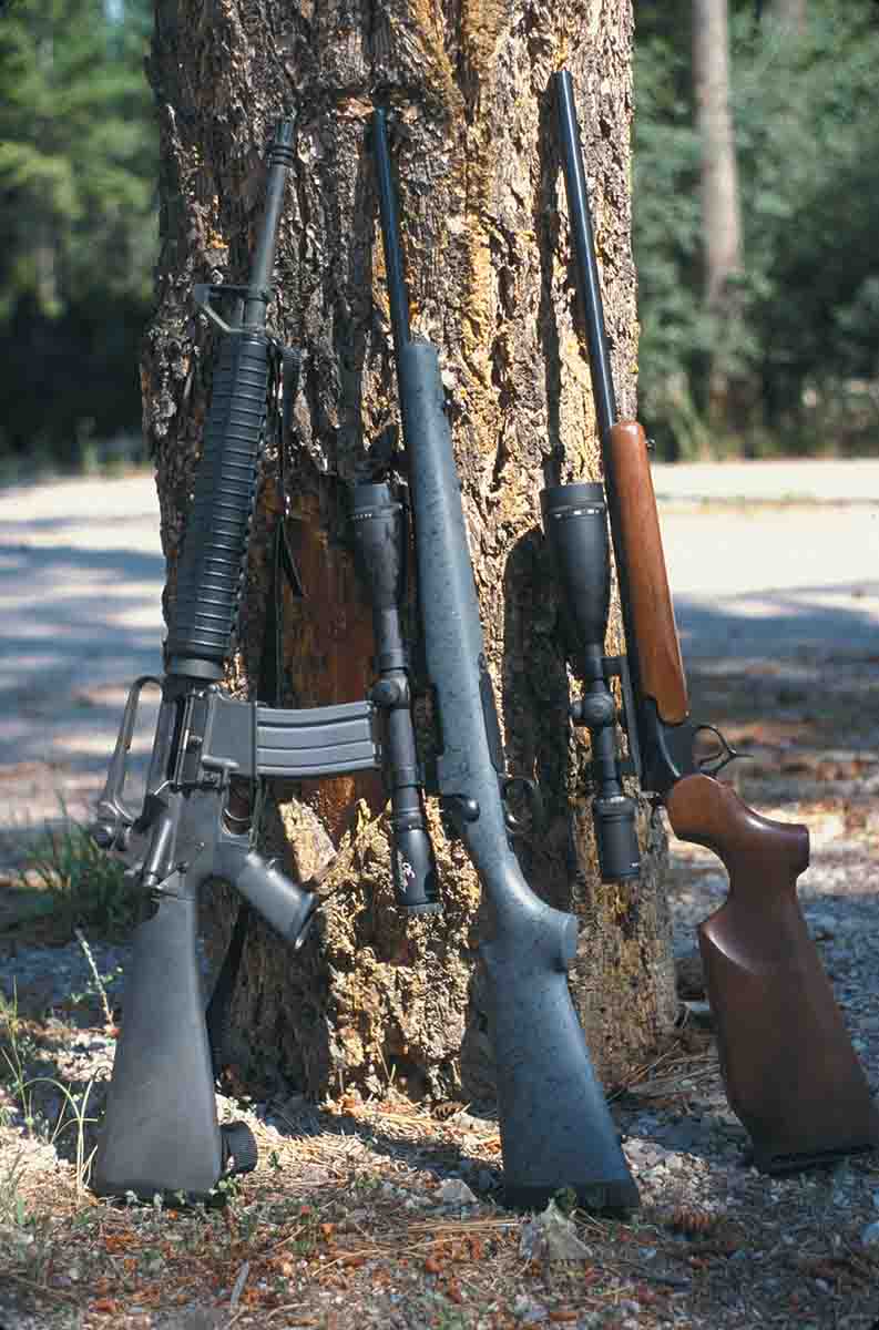 Rifles used to test the .223 Remington include (from the left) the Colt Match H-Bar, Sisk Gunsmithing Remington 700 and T/C Encore.